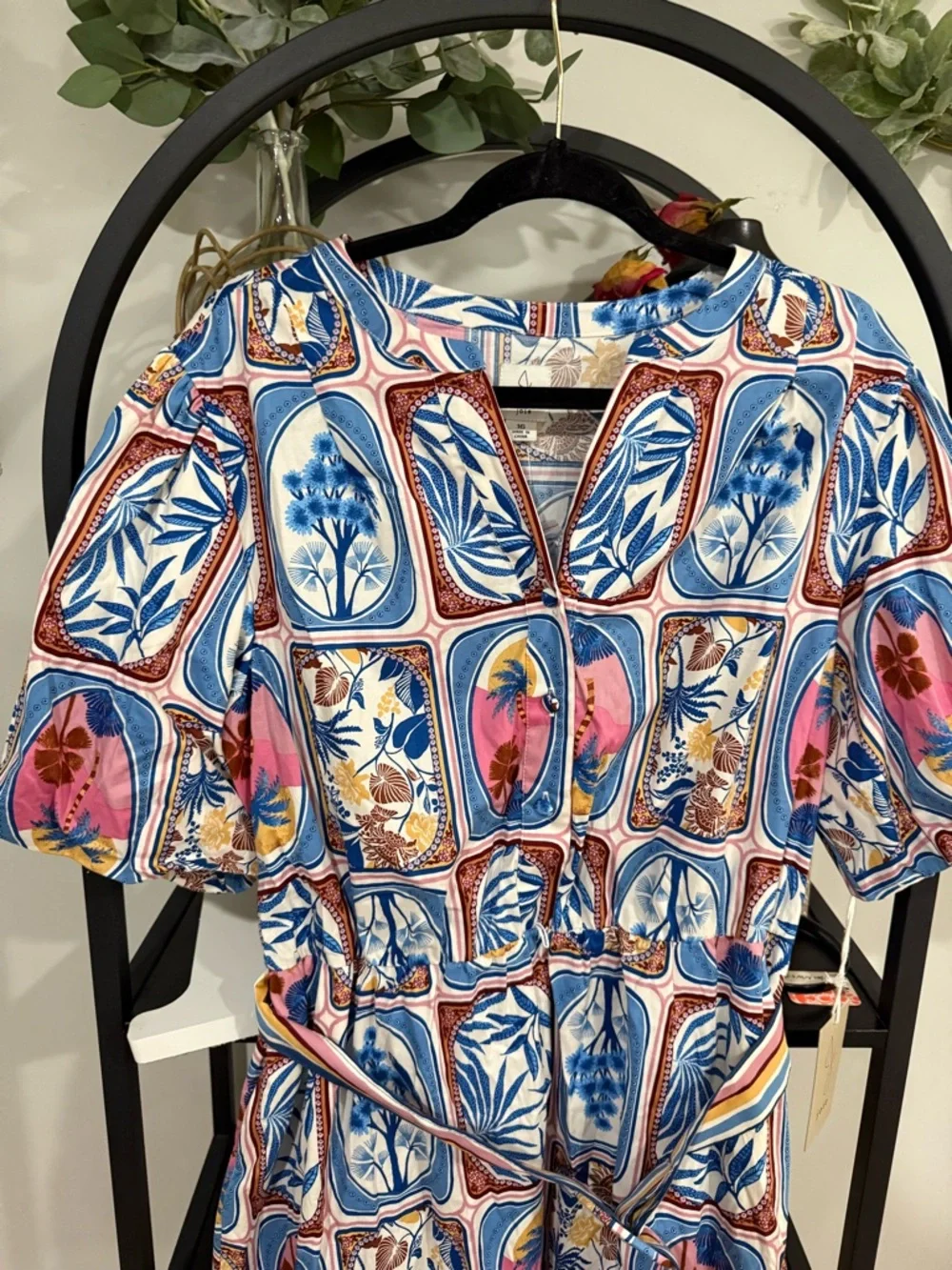 Joie Printed Belted Mini Dress | Size 16 | Boho Floral Tile Print | NWT - Picture 3 of 13